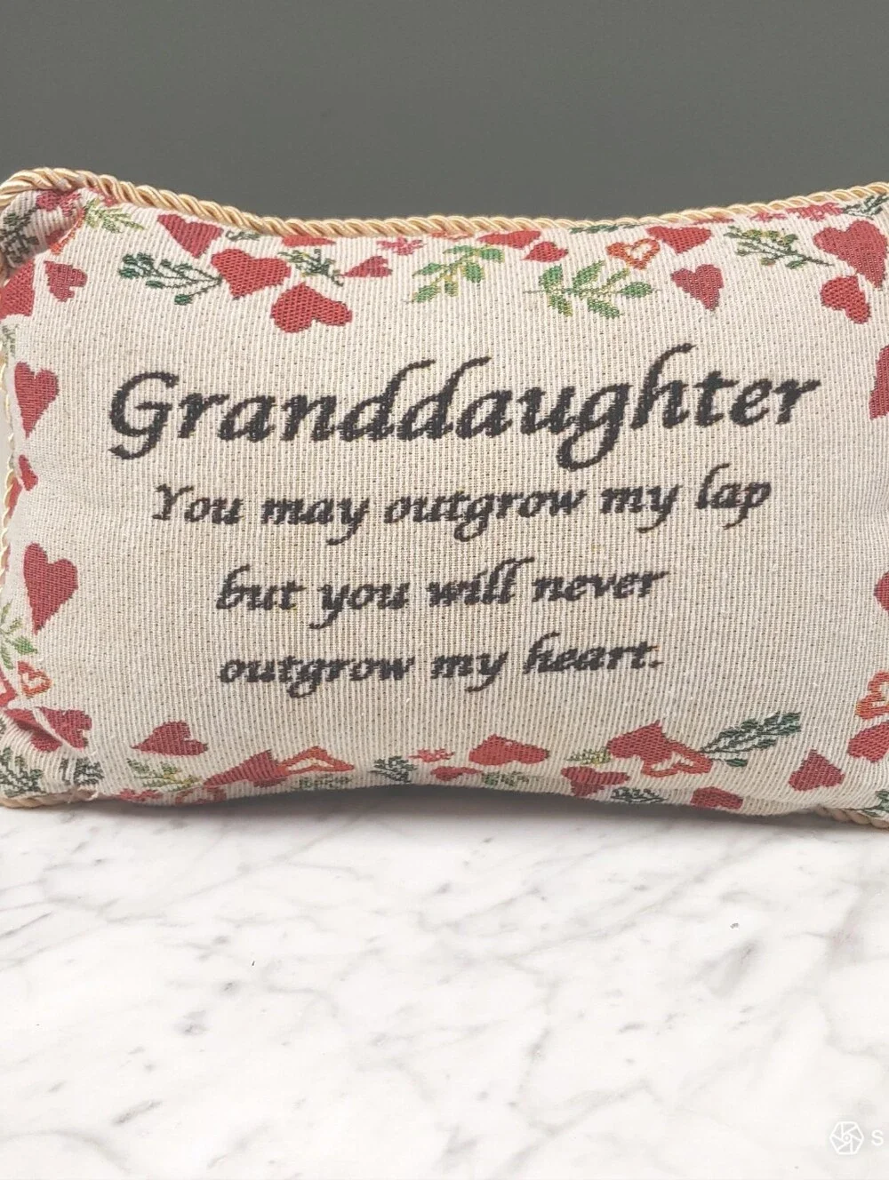 Vtg Granddaughter Tapestry Rectangle floral hearts cream red zip cottage pillow